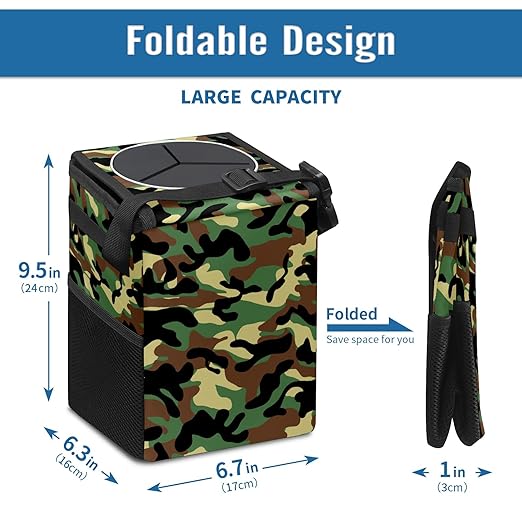 Car Trash Can Camouflage Army Pattern Wate-rproof Auto Garbage Bag Car Trash Can with Lid Leak-Proof Car Storage Bag Hanging for Headrest Collapsible and Portable with Storage Mesh Pocket