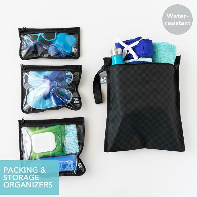 Bumkins and Roamio - Waterproof Wet Bag & Clear Travel Bags - For Beach, Baby, Travel, Swim Suit, Cloth Diapers, Pump Parts, Pool, Gym, Toiletries - Reusable & Easy to Clean - Black Check - 4 Pack