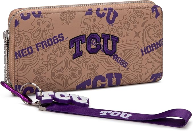 TCU Organizer Wallet with RFID Blocking Card Slot & Keychain, TCU Team Logo Wristlet Wallet, Zip Clutch Purse for Gift, Game Day, Travel | Khaki, NC-TCU011KH