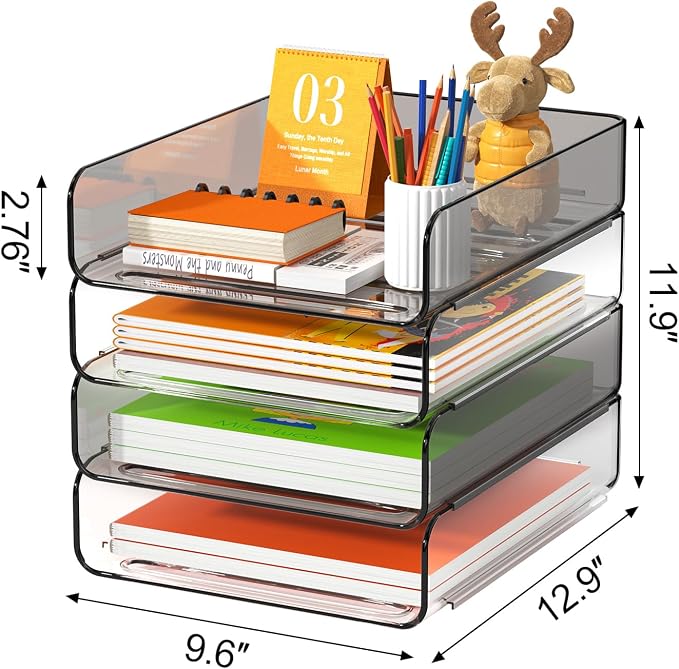 FANXIYQ 4-Tier Acrylic Paper Tray Organizer, Clear & Brown Stackable Desk Organizer for Documents, Files, A4 Paper, Mail, Books & Office Supplies, Office Classroom Home