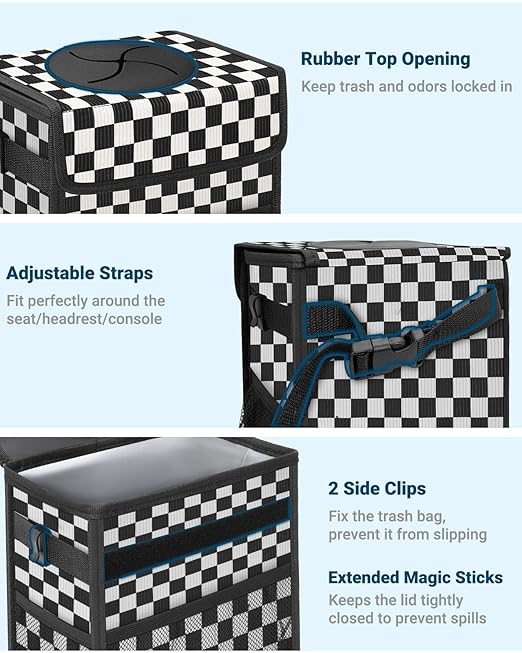Capolo Car Trash Can with Lid, Leakproof Car Trash Bag Hanging Waterproof Automotive Garbage Can with Storage Pockets Mini Vehicle Trash Bin for Back/Front Seat(Black Checkerboard,2.5 Gallon)