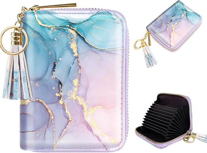 Coco Rossi Leather Credit Card Wallet for Women, RFID Blocking Zipper Cards Holder with Tassel, Gradient Marble