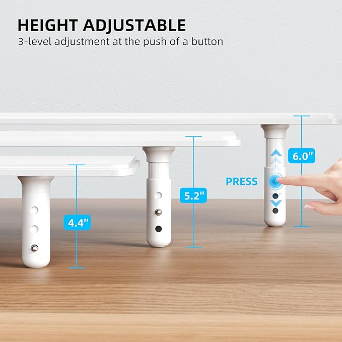 AFOOYO Dual Monitor Stand for Desk, Adjustable Height Wood Computer Riser, Ergonomic Monitor Shelf for Laptop, Printer, TV, Black - Large Storage Space, Sturdy Desk Organizer for Home & Office,White