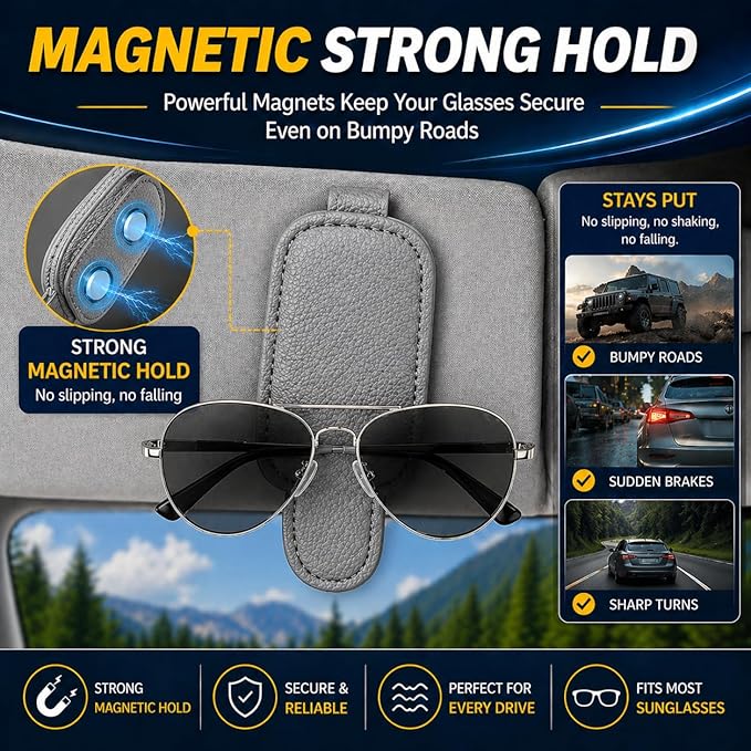 Magnetic Sunglasses Holder for Car Visor, Leather Visor Clip with Card & Ticket Slot, Secure No-Scratch Design, 2-Pack (Gray)