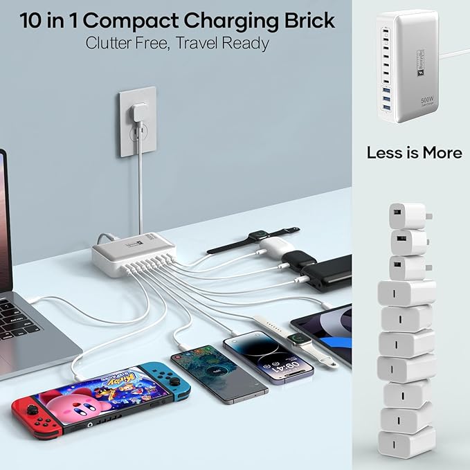Charging Station for Multiple Devices 500W, 10 Ports Charging Blocks for Laptops/Tablets/Cellphones, 140W Max GaN Charger Super Fast Charging for MacBook, Ipad, iPhone, Power Adapter for Travel