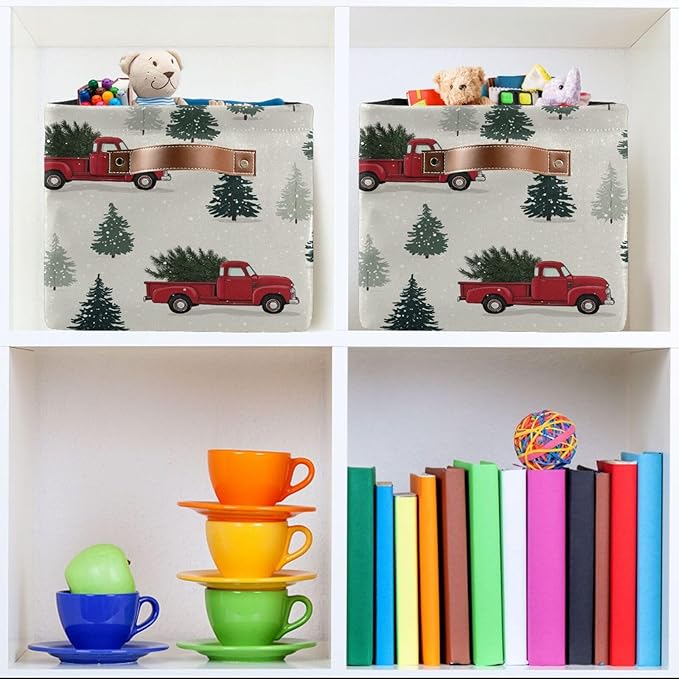 Aslsiy Storage Basket Red Pickup Truck with Christmas Tree (3) Nursery Bins Baby Canvas Box Clothes Shelf Basket Laundry Hampers 2 Pcs