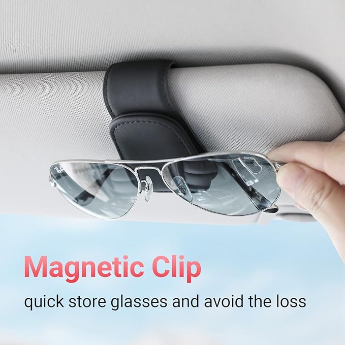 KanSmart Sunglass Holder for Car Sun Visor, Magnetic Sunglasses Clip, Leather Glasses Eyeglass Holder and Ticket Card Clip, Auto Interior Accessories Universal for Car SUV Truck Pickup -Black