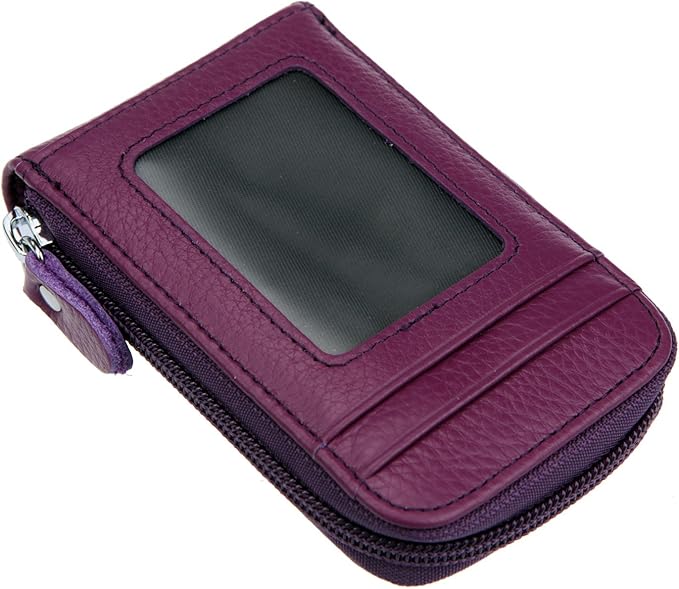 RFID Blocking Genuine Leather Mini Credit Card Case Organizer Compact Wallet with ID Window - Purple