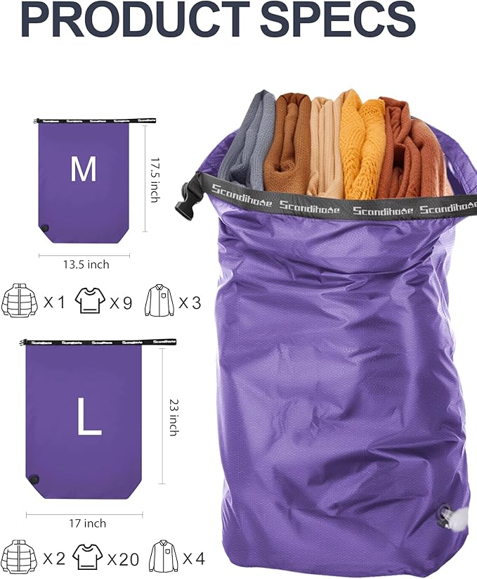 Travel Laundry Bag, Pump-free Vacuum Compression Dirty Clothes Bag, Medium Reusable Waterproof & Washable Laundry Bag, Wet and Dry Bag, Ideal for Suitcases, Laundromats (1 Pack) Purple