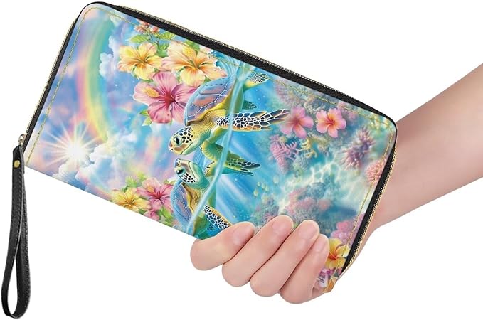 Bulopur Tropical Sea Turtle Wallet for Women Rfid Blocking Zip Around Wristlet Wallet for Ladies PU Leather Waterproof Travel Wallet Passport Holder Ladies Handbags Gifts for Her