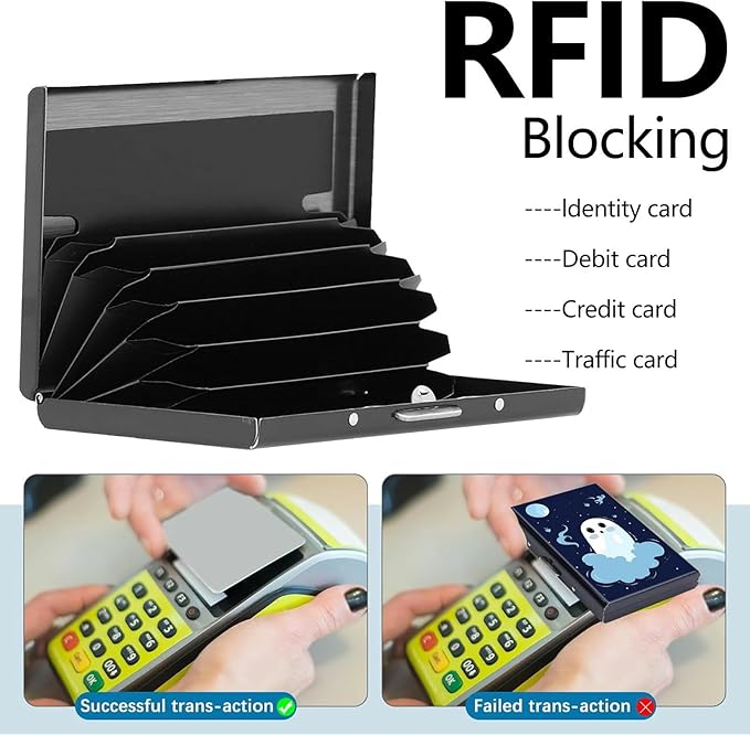 Credit Card Holder, Cute Small Spooky Halloween Design Mini RFID Blocking Aluminum Wallet Slim Metal Hard Case Shell Travel Wallet ID Case Small Credit Cards Case Business Cards for Women Men