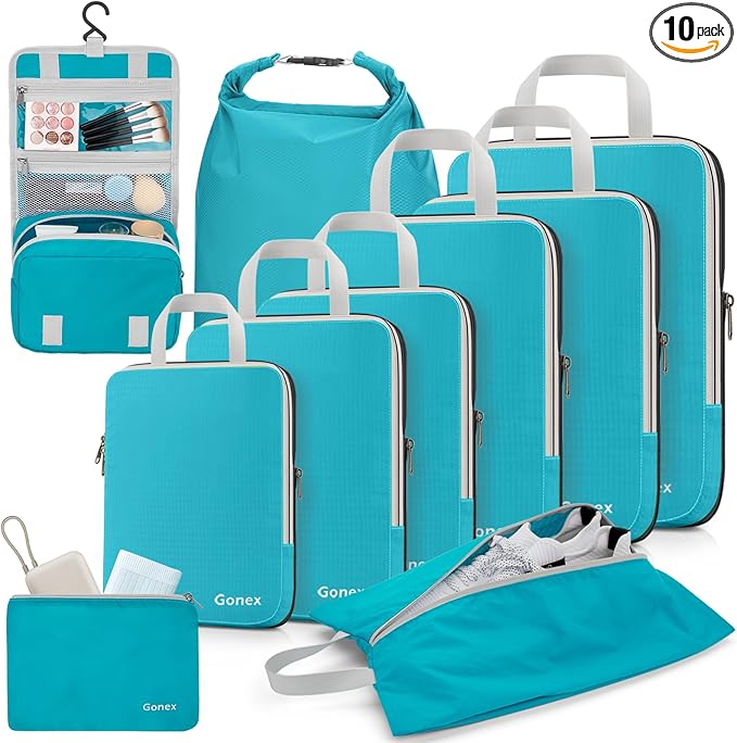 Gonex 10 Set Compression Packing Cubes, Expandable Storage Travel Bags for Suitcase, Luggage Organizers with Hanging Toiletry Bag Laundry Bag Shoe Bag Accessories Bag (Blue)