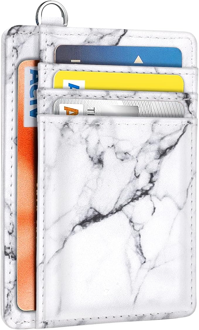 Coco Rossi Slim Front Pocket Wallet RFID Blocking Minimalist Credit Card Holder Wallet with D-Shackle for Women,White Marble