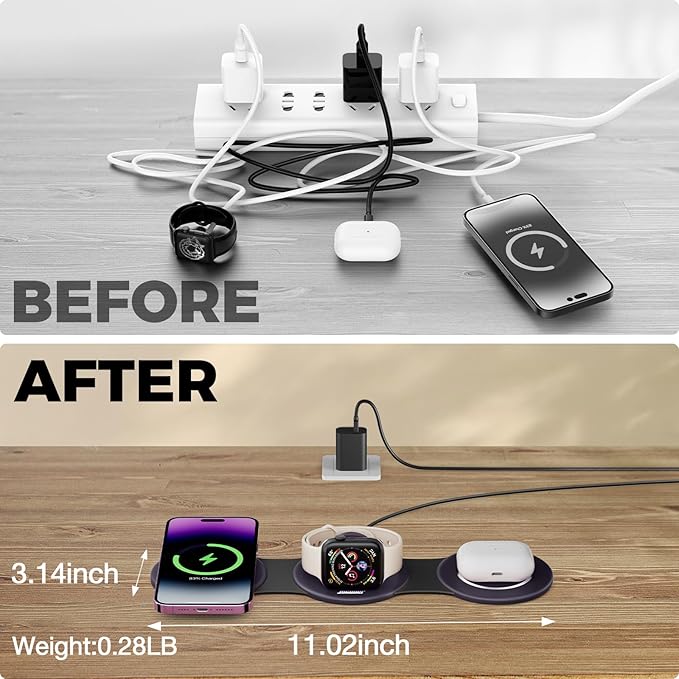 Hicober 3 in 1 Charging Station for Apple Multiple Devices, Foldable Travel Wireless Charger 18W for iPhone Air 17 16 15 14 13 Pro Max Plus &Apple Watch Series/Airpods Purple