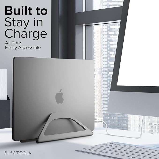 Elestoria Aluminum Vertical Laptop Stand with Gravity Auto-Lock ??Adjustable Laptop Holder Vertical fits MacBook Pro/Air, Chromebook & Gaming Laptops up to 17.3" ??Space-Saving Desktop Dock - Grey