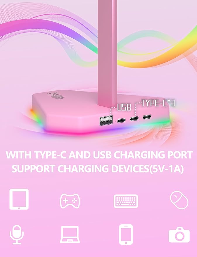 RGB Headphones Stand with 1 USB-C Data Transmission& 3 Type-C Charging Port, Desk Gaming Headset Holder with 7 Light Modes and Non-Slip Rubber Base (Pink)