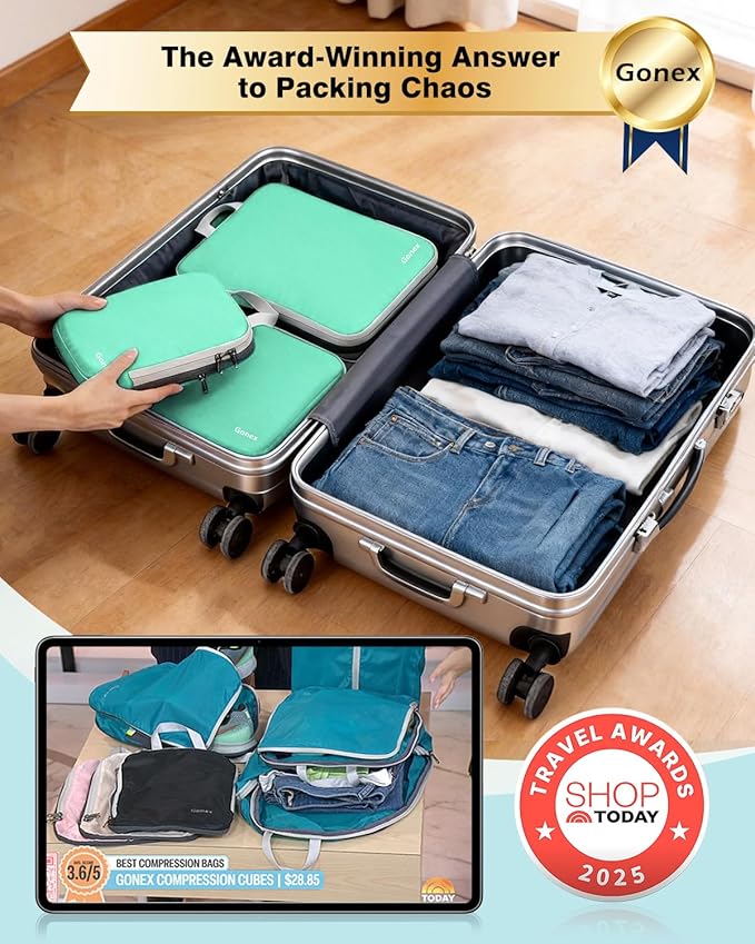 Gonex Compression Packing Cubes, 4pcs Expandable Storage Travel Luggage Bags Organizers (Mint Green)