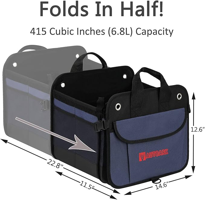 AUTOARK Multipurpose Car Trunk Organizer with Foldable Lid and Straps,Non-Slip Waterproof Bottom,Durable Collapsible Adjustable Compartments Cargo Storage,Navy Blue,AK-142