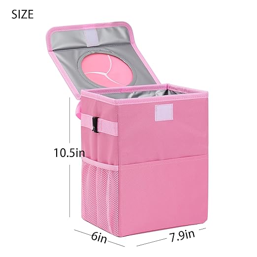 AOKJOY Car Garbage can with lid Leak Proof Vehicle Trash Can 3 Storage Pockets Hanging Waterproof car Trash Bag for SUV Pink
