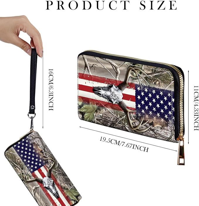 Zip Around Wallets for Women with Detachable Wrist Strap, Large Capacity RFID Blocking Leather Purse Organizer Card Holder Wristlet,American Flag Camo Deer Skull