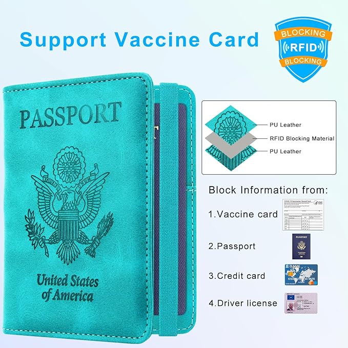 ACdream Passport and Vaccine Card Holder Combo, Cover Case with CDC Vaccination Card Slot, Leather Travel Documents Organizer Protector, with RFID Blocking, for Women and Men, C - Sky Blue, Fashion