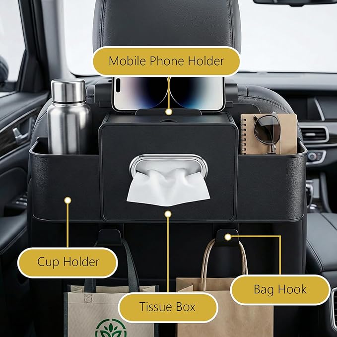 Backseat Car Organizer, 4 in 1 Multifunctional Car Back Seat Storage Organizer with Tissue Box, 2 Cup Holders, Phone Stand and Hooks, Automotive Seat Back Organizers (Orange)