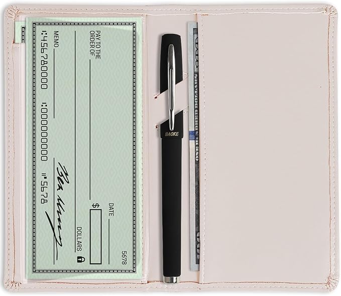 Sanlykate Leather Checkbook Cover for Men and Women, RFID Blocking Check Book Case Card Holder with Free Divider, Standard Register Duplicate Checks with pen inserts, Flesh