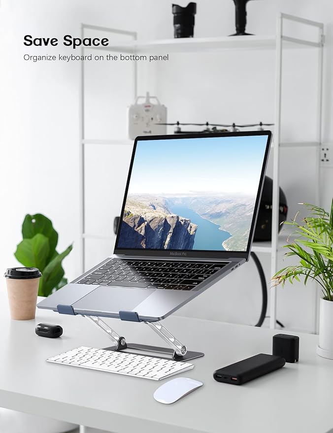 Aoviho Adjustable Laptop Stand for Desk,Portable Laptop Stand Holder and Riser,Foldable Aluminum Notebook Computer Stands for MacBook Air Pro HP Lenovo Dell Samsung, 10-15.6 inch (Navy-Silver-Black)