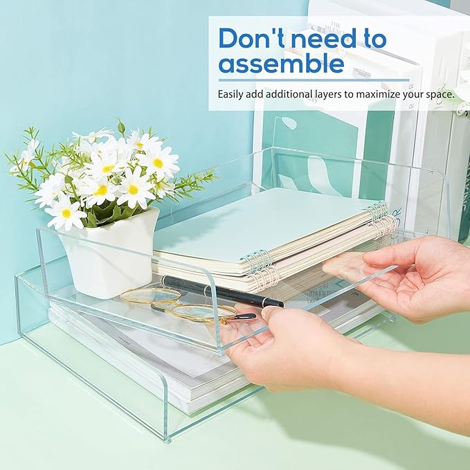 Harloon 4 Tier Paper Organizer Letter Tray Acrylic Desk File Organizer Stackable Documents Letter Clear Paper Holder Sorter Office Tray for A4, Modern Office Classroom Home File Pad Books Notes
