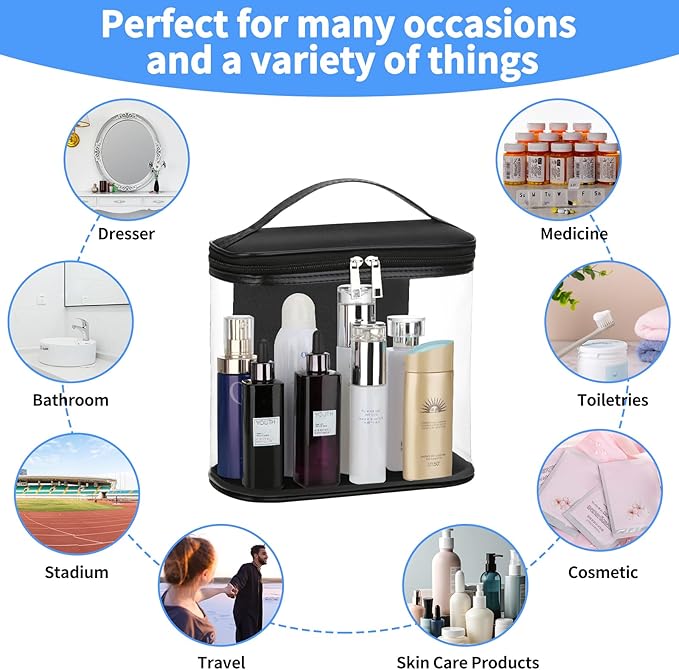 Heavy Duty Leak Proof Clear Travel Bags for Toiletries, Transparent Makeup Cosmetic Bag with Zipper and Handle (Large, Black)