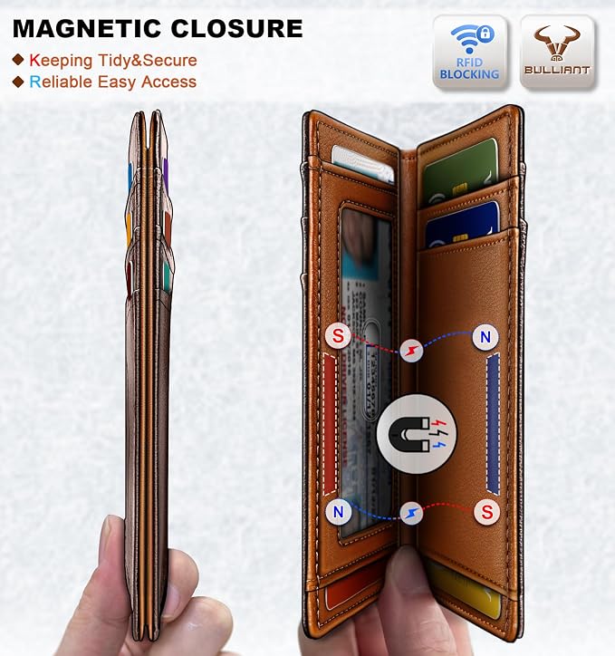 BULLIANT Slim Wallet For Men 12Cards,Magnetic Flip Build-in Money Clip Airtag Compatible-RFID Blocking