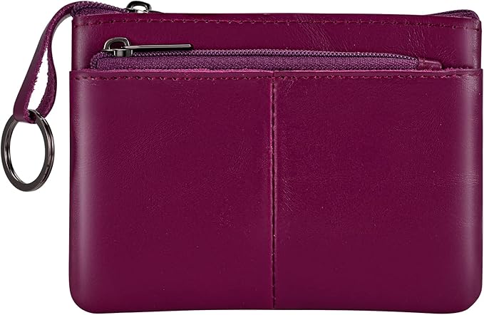 Purple Genuine Leather Multi-Functional Wallet - Compact Card Holder, Coin Purse & Key Organizer with 3 Zippers, Built-in Key Ring, Perfect for Travel, Work & Daily Use