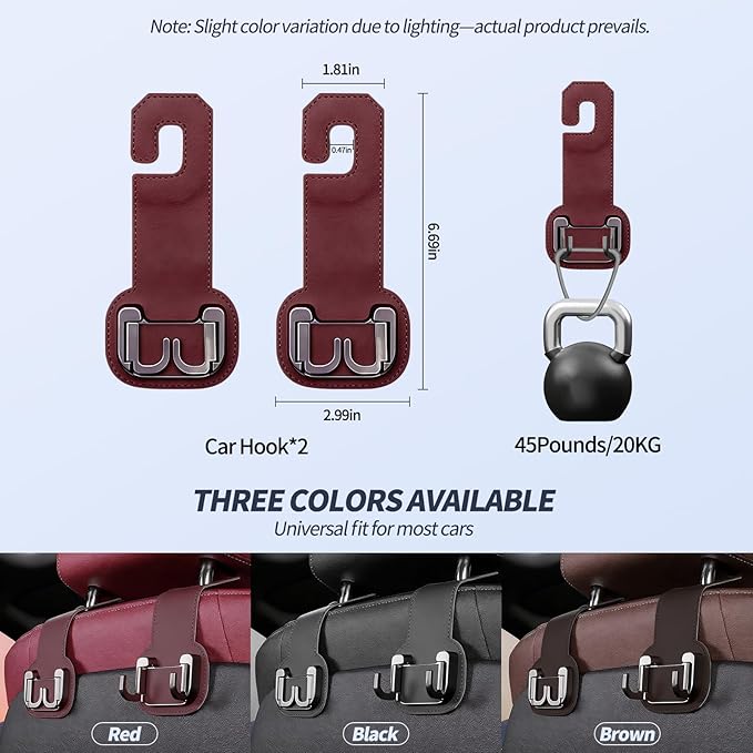 2 Packs Headrest Hooks for Car, Hidden Twinhook Leather & Metal Car Purse Holders, Universal Seat Back Storage Organizer Hanger for Purse Bag Handbags Phones, 2026 Car Seat Accessories (Red)