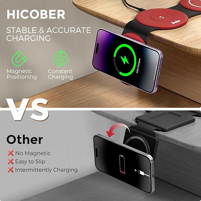 Hicober 3 in 1 Wireless Charging Station for Apple Watch and iPhone Air 17 16 15 14 13 12 Pro Max/Plus, Magnetic Foldable Wireless Travel Charger Station Stand for Airpods iWatch All Series Dark Red