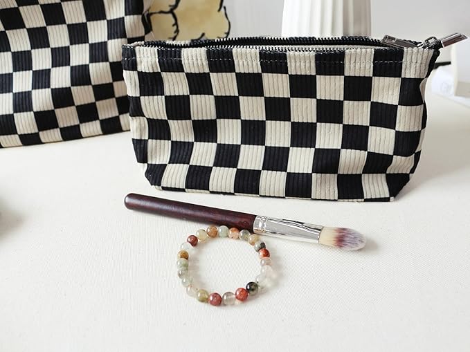 HAPPYHEIDI Checkered Corduroy Makeup Bag Set 3 Women Cosmetic Toiletry Travel Pouch Purse Accessory Organizer, 3-Size, Vintage Black White