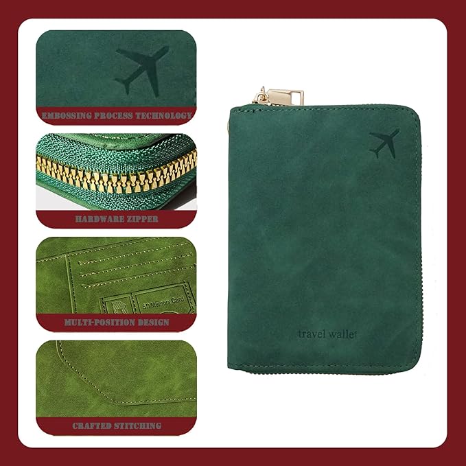Passport Holder with Tether and Carabiner Clip to Prevent Loss and Theft, Rfid Passport Holder for Travel, Passport Cover, Wallet & Case for Men and Women (Green - Tether and Carabiner)