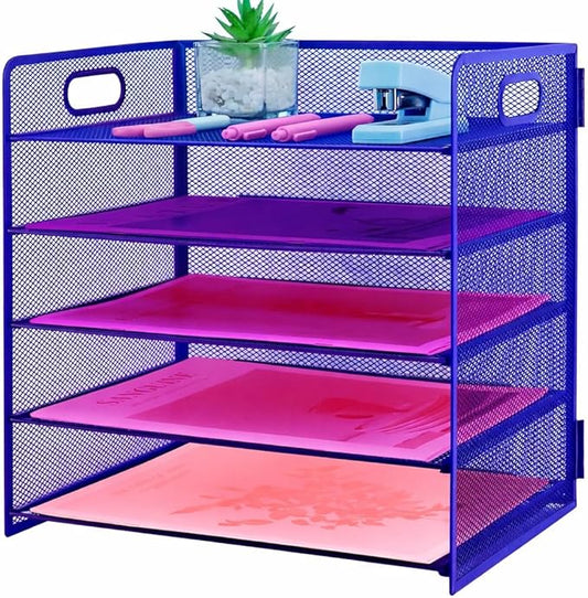 5 Tier Lettrer Tray Organizer with Handle, Metal Mesh Desk File Organizer with Sliding Trays, Paper Sorter Desk for Home Office School, Blue