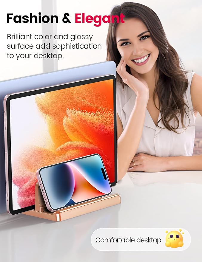 Vaydeer Vertical Laptop Stand for Desk, Dual Slots Plastic Laptop Holder with Space Saving 4-in-1 Design, Adjustable Laptop Stand Supports MacBook, Chromebook, Surface, Dell (Rose Gold)