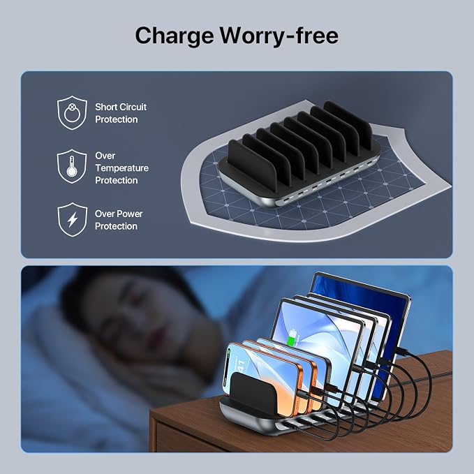 SooPii Premium 140W 7-Port USB C Charging Station for Multiple Devices, Each PD 20W Fast Charging for Phone and Tablet,7 Mixed Cables Included,Black
