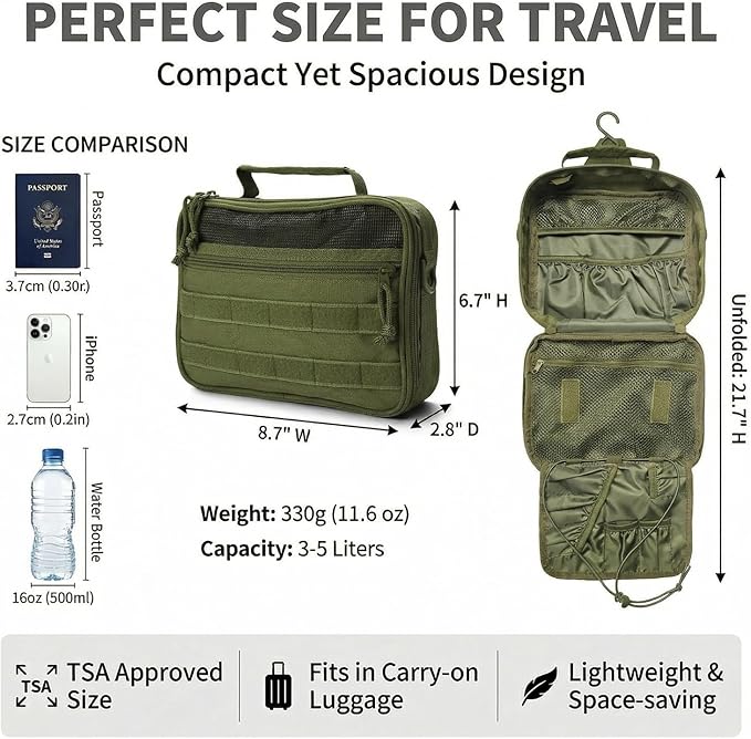VELVEBAG ﻿Tactical Toiletry Bag for Men, Mens Toiletry Travel Bag, Hanging Dopp Kit Waterproof TravelShaving Hygiene Bag, Bathroom Multi-pocket Organizer, for Short Trips, Camping & Gym, Green
