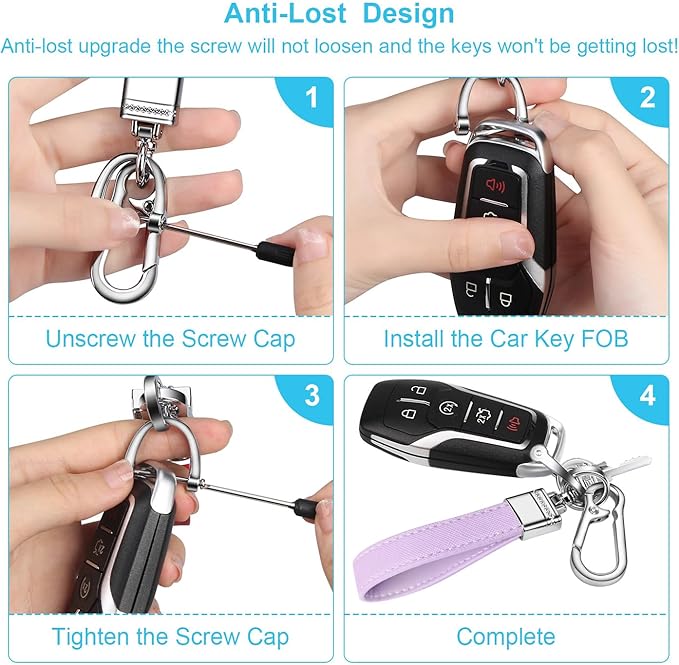 QBUC Genuine Leather Car Keychain,Universal Heavy Duty Metal Key Chain Accessories,Car Fob Key Keychain Holder with 360 Degree Rotatable Snap Swivel and Anti-Lost D-Ring for Men Women(Lavender Purple)