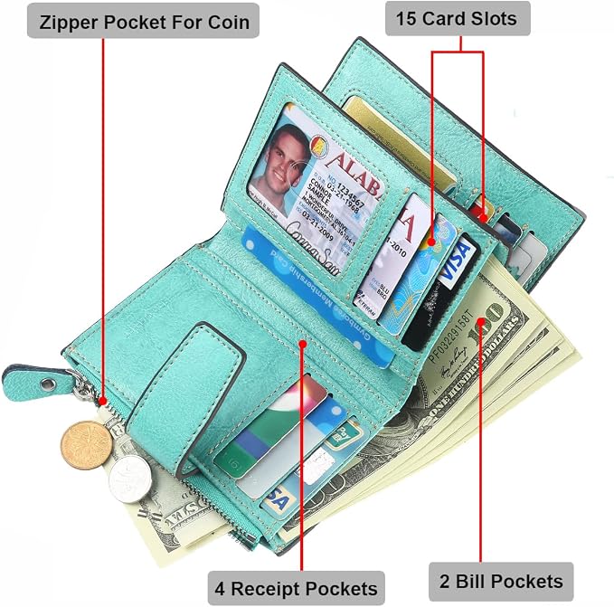 Lavemi Small Compact Women Wallet RFID Blocking Genuine Leather Bifold Purse with ID Windows