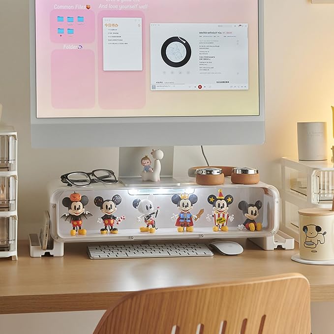 WMM Monitor Stand Riser, Computer Monitor Stand with Drawer and Display Minifigures, Computer Desktop Stand with Lights, Removable Elevated Structure, Compatible with Computers, Desktops, and Laptops