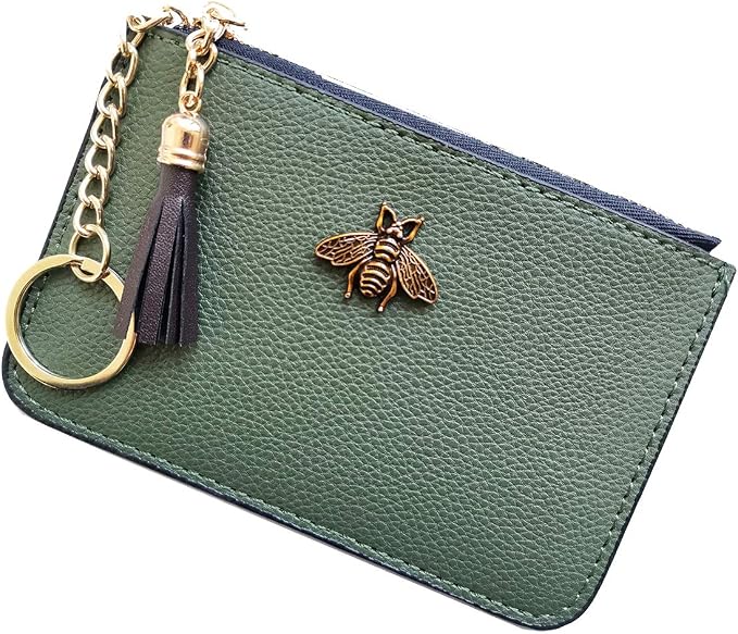 Women's Coin Purse Change Wallet Pouch Leather Card Holder with Key Chain Tassel Zip (CH Army Green)