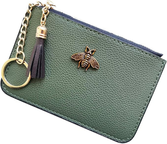 Women's Coin Purse Change Wallet Pouch Leather Card Holder with Key Chain Tassel Zip (CH Army Green)