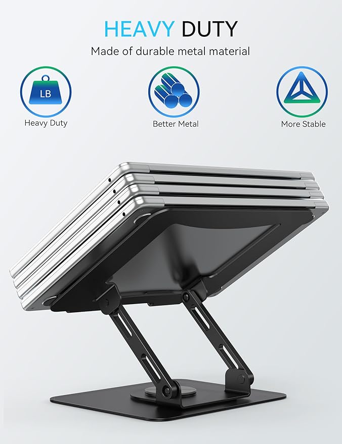 SOUNDANCE 360 Rotating Laptop Stand, Ergonomic Computer Riser for Desk, Adjustable Height Multi-Angle Metal Holder, Foldable Portable Notebook Elevating Base for Office & Home, Black