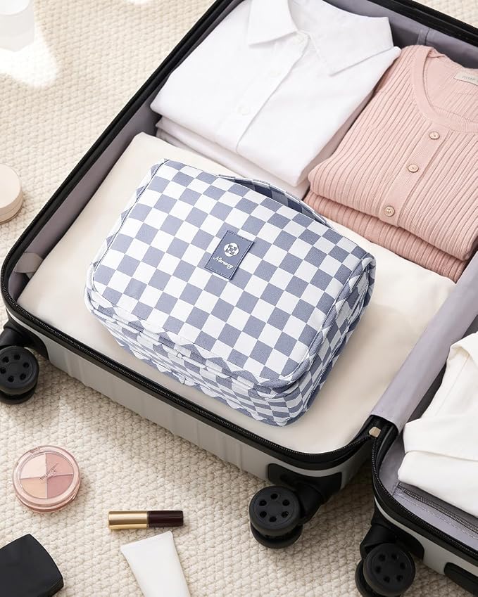 Narwey Small Hanging Travel Toiletry Bag for Traveling Women, Checkered Travel Bag for Toiletries, Makeup Bag Organizer Make Up Cosmetic Bags, Gifts for Kids Teen Girls (Grayish Blue Checkerboard)
