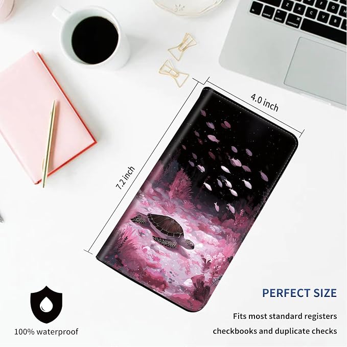 DEGDFSGR Checkbook Cover PU Leather Checkbook Covers for Women for Duplicate Checks, Check Book Covers with RFID Blocking Function for Personal Checkbook, Pink Ocean Sea Turtle