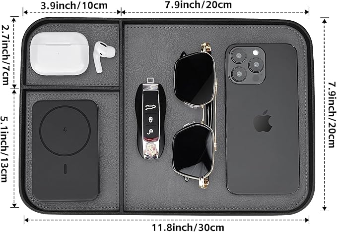 SENEN Leather Tray, Stylish and Organized Multifunctional Tray, for Table Entryway, Premium PU Leather, Catchall Tray for Keys, Watch, Wallet, Jewelry, and More (Black Frame)