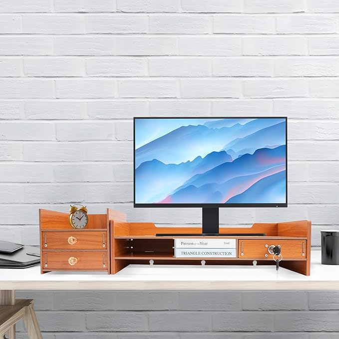 AngelcityCC Monitor Stand Riser, 3 Tiers Laptop Computer Monitor Riser, Desktop Wooden Screen Monitor Stand Riser with Drawers&Lock for Home Office School